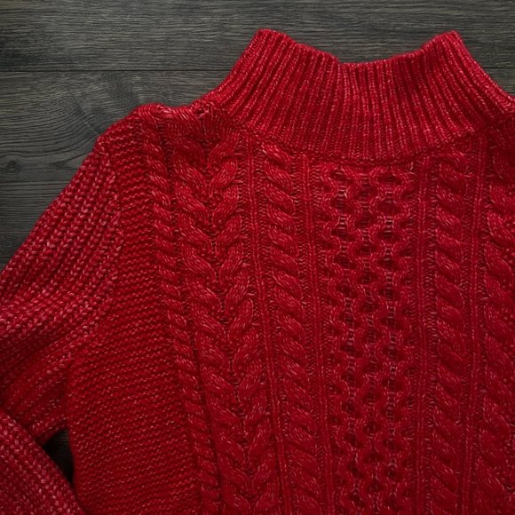 LOFT Bright Red Mock Neck Cable Knit Sweater - Classy Christmas Sweater - Picture 4 of 4